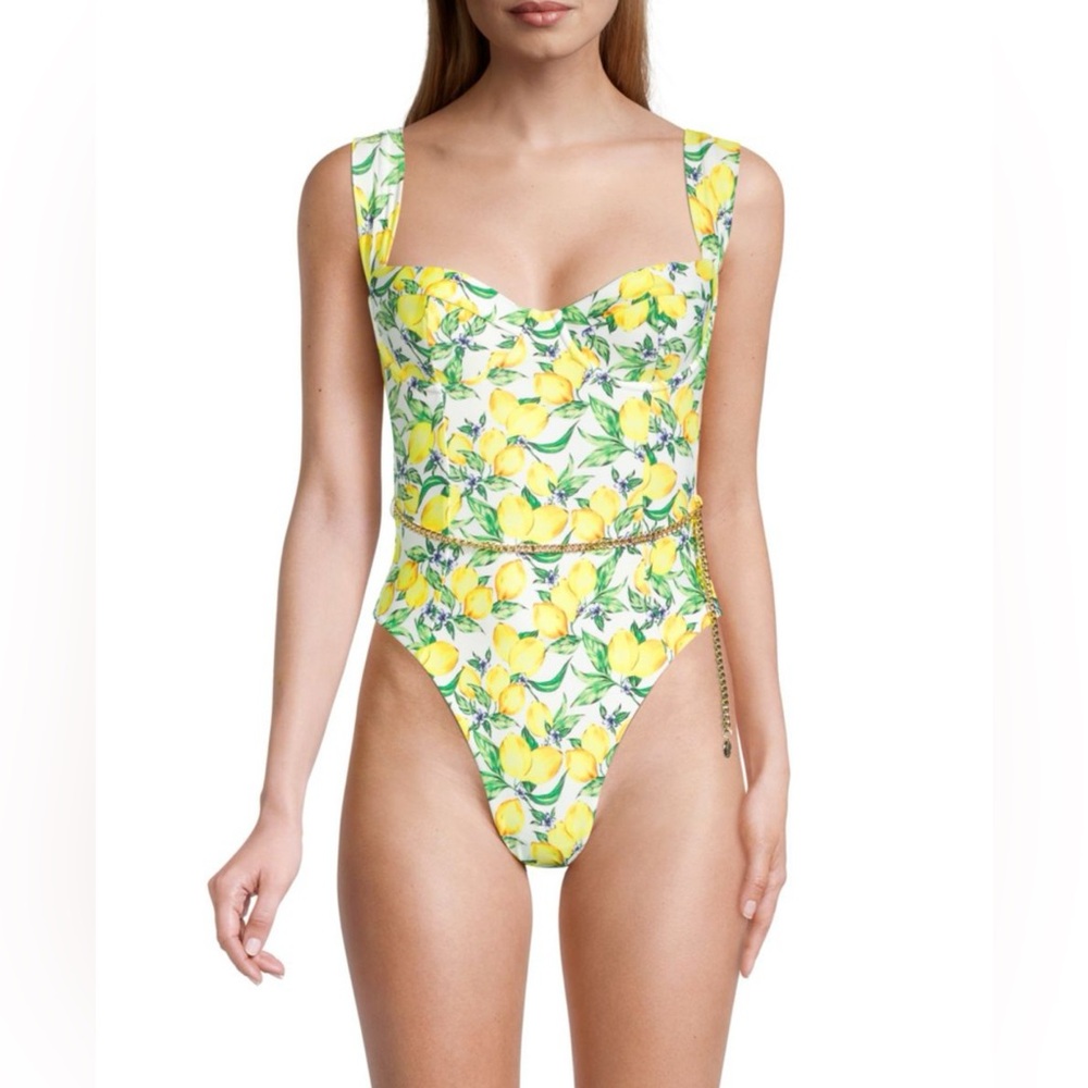 WEWOREWHAT Danielle Lemon Print One Piece Vintage Style Yellow Green Swimsuit Sm